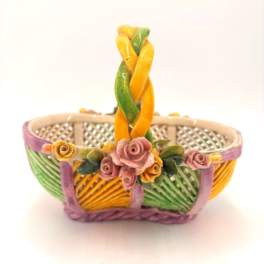 Vintage Floral Porcelain Basket Cottagecore Shabby Chic Easter Centerpiece